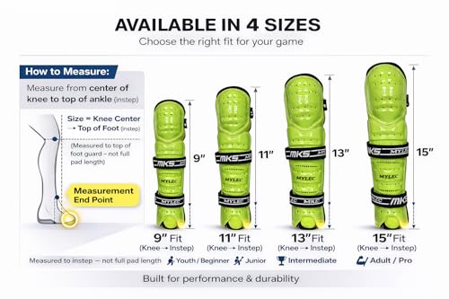 MyLec MK5 Street/DEK Shin Pad, Lightweight & Durable Hockey Accessories, 360° Straps, Hard Front Shells, Breathable Material, Metatarsal Padding Ice Hockey Shin Guards, Foam Rubber - color: Safety Green, size: 13"