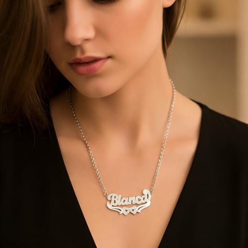 Custom Name Necklace Double Plated Name Necklace Personalized Name Plate Necklaces Name Necklaces for Women 18k Gold Plated Nameplate Pendant - color: Style 1544