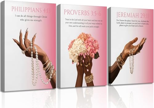 3Pcs Pink Christian Canvas Wall Art Black Girl Fashion Scripture Religious Posters Prints Preppy Bible Verse Pictures Wall Decor for Girl Room Bedroom Home Living Room Decorations Ready to Hang - color: Hydrangea, size: 24L"x16W"Canvas