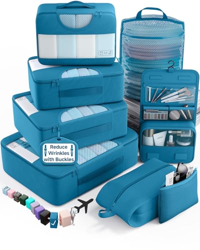 Veken 8 Set Packing Cubes for Travel Essentials, Suitcase Organizer Bags in 4 Sizes, Carry-On Luggage Accessories with Laundry Bag, Airplane Must Have with 99-Count Mesh Holes - color: 15 Ocean Blue