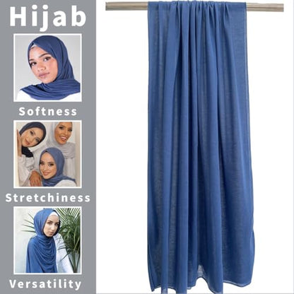 Harewom Muslim Hijab for Women Soft Stretch Headscarf Large Plain Turban Wrap Shawl Head Wrap for Everyday Wear - color: Denim Blue Hijab Headscarf