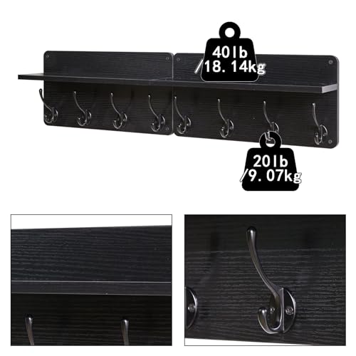 YMYNY 31.5" Coat Rack Wall Mount with Shelf and 8 Hooks, Black, HWS006B-2 | 2 Pack Coat Hooks Key Holder Wall Mount, Wood Wall Mounted Coat Rack with Wall Hooks for Hanging, Towel Hooks for Bathroom - color: Black