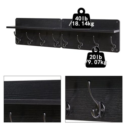 YMYNY 31.5" Coat Rack Wall Mount with Shelf and 8 Hooks, Black, HWS006B-2 | 2 Pack Coat Hooks Key Holder Wall Mount, Wood Wall Mounted Coat Rack with Wall Hooks for Hanging, Towel Hooks for Bathroom - color: Black