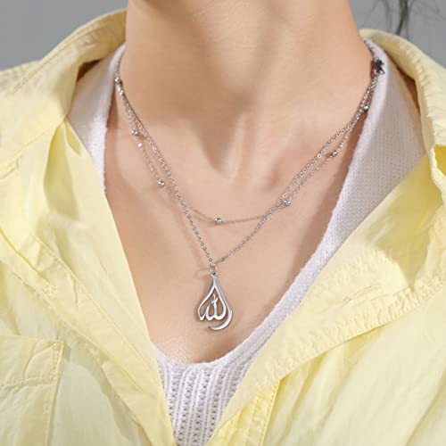 kkjoy Islamic Muslim Allah Layered Necklaces for Women Charm Stainless Steel Necklace Water Drop Heart Shape Allah Necklace Double Layer Necklace Lucky Islamic Jewelry