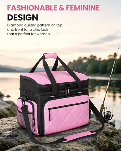 Smasrob Fishing Tackle Bag, Fish Bag (Tackle Boxes Not Included), Pink | Large Lure Boxes Pocket , Extra Top Tackle Trays Pocket, for Saltwater and Freshwater - color: Pink
