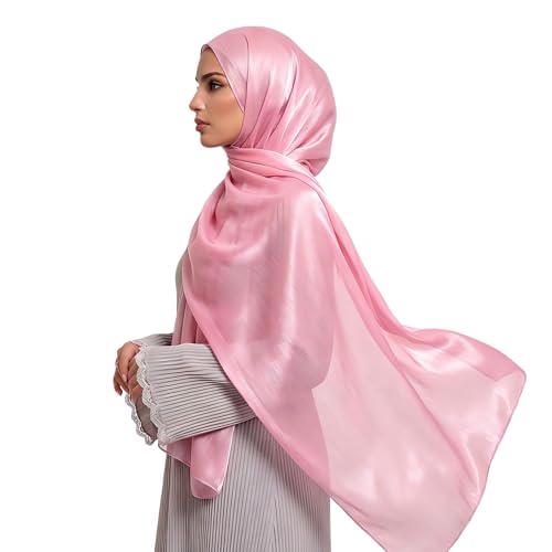 Organza Sheen Shimmer Crepe Hijab Scarf for Women Lightweight Sheer Shawl Wrap for Wedding and Evening Dresses - color: Pink