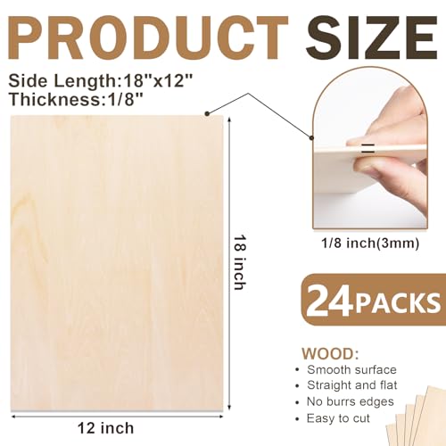 24 Pack Basswood Sheets for Crafts,18"x12"x1/8" 3mm Thick Plywood Sheets with Smooth Surfaces-Unfinished Squares Wood Boards for Laser Cutting, Wood Burning, Architectural Models, Staining - size: 24 Pack -18X12X1/8 Inch