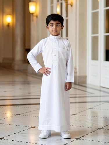 Kids Muslim Thobe, Boys White Traditional Arab Dishdasha, Long Sleeve Islamic Prayer Robe - color: White, size: 7Y