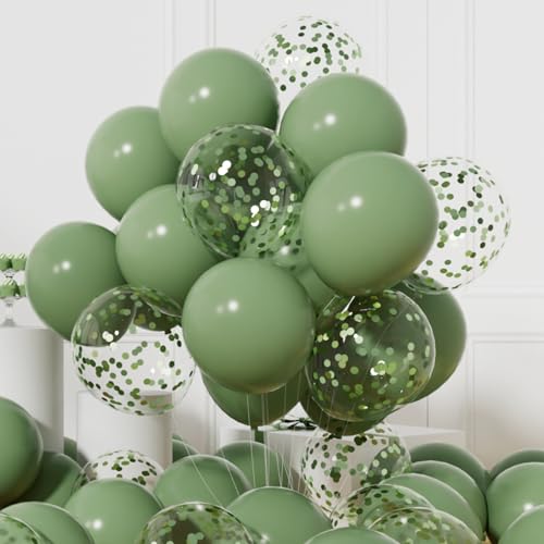 AULE Party Balloons Pack of 42-12in Sage Green Confetti Balloons & Sage Green Latex Balloons and 64ft Ribbons-12 Inches Balloons Decorations set - color: Sage Green