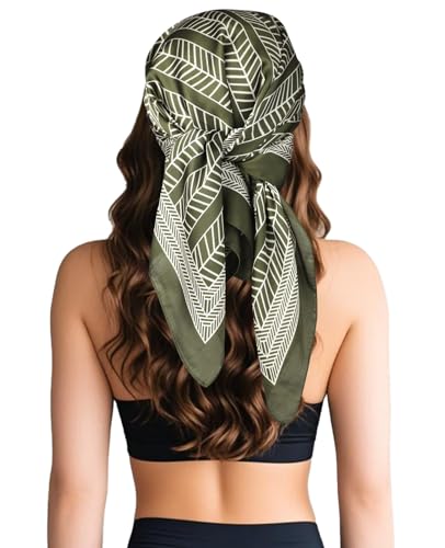 Sumolux Head Hair Scarf for Women Like Satin Silk Scarf Bandana Hair Wrapping Night Large Square Scarves 27.5" - color: Green Leaves