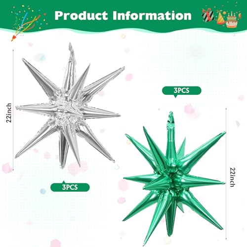 6 Pcs Silver Star Foil Balloons One-Piece 14-Pointed Star Balloon 4D Starburst Cone Mylar Balloon 22inch Christmas Birthday Wedding Wedding Anniversary Party Supplies (Silver + Green) - color: 22 Inches Silver + Green