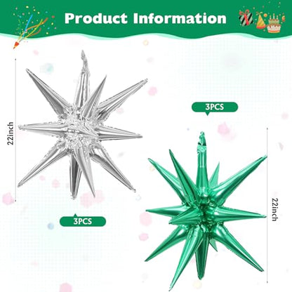 6 Pcs Silver Star Foil Balloons One-Piece 14-Pointed Star Balloon 4D Starburst Cone Mylar Balloon 22inch Christmas Birthday Wedding Wedding Anniversary Party Supplies (Silver + Green) - color: 22 Inches Silver + Green