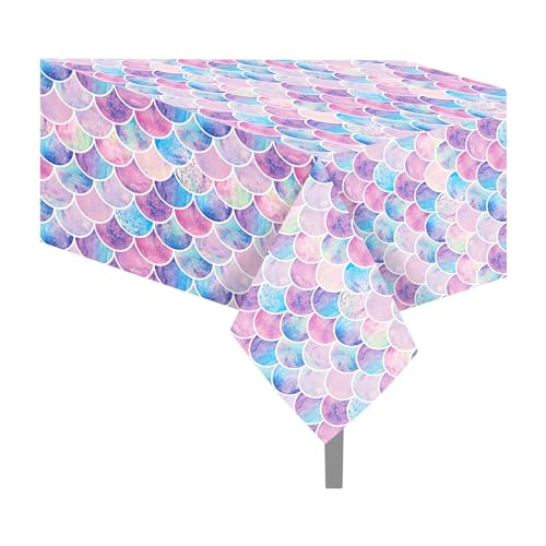 1Pc Fancy Mermaid Party Plastic Tablecloth 54 x 87 Inch Long Table Cover, Mermaid Scales Tail Party Tablecover for Fairy Tale Shell Kids Baby Shower Birthday Dinner Picnic Kitchen Event - color: Fancy Mermaid