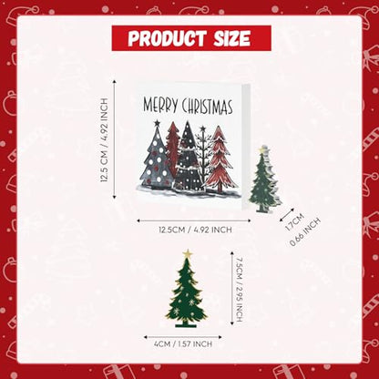 Smile 2Pcs Christmas Tree Decor Merry Christmas Square Wooden Sign | 5 x 5 Inches, Desk Table Shelf Office, Farm Decoration Kitchen - style: Christmas Trees