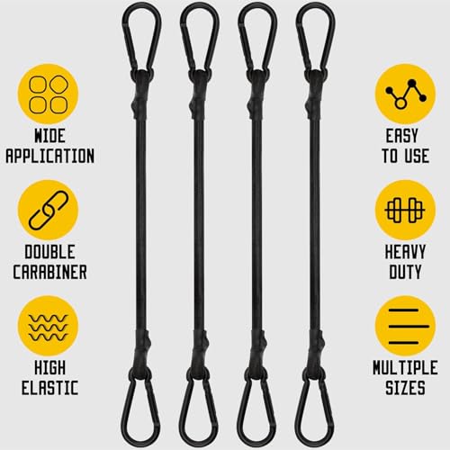 Bungee Cords with Carabiner, 12 Inch Long Heavy Duty Bungee Cords with Carabiner Clip Outdoor, 1/3 Inch Black Extra Strong Elastic Rope with Carabiner Hooks for Camping, Tarps, Bike Rack, Tent, 4 Pack - size: 12"- 4 pcs