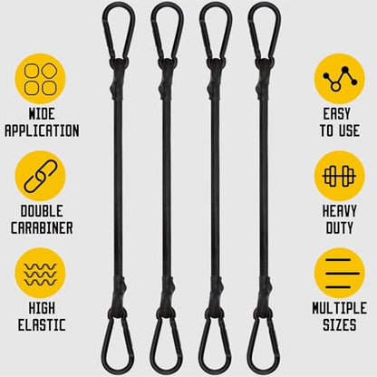 Bungee Cords with Carabiner, 12 Inch Long Heavy Duty Bungee Cords with Carabiner Clip Outdoor, 1/3 Inch Black Extra Strong Elastic Rope with Carabiner Hooks for Camping, Tarps, Bike Rack, Tent, 4 Pack - size: 12"- 4 pcs