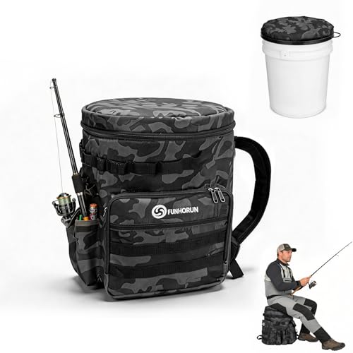 Fishing Bucket Organizer with 5 Gallon Bucket & Rotating Seat Lid | 360 Swivel Seat Lid, Bucket Backpack with Backpack Straps, Full Water-Resistant & Multi-Pockets (Fishing Tools Not Included) - style: Complete Set (Including Bucket & 360° Rotating Seat)
