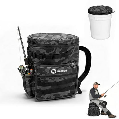 Fishing Bucket Organizer with 5 Gallon Bucket & Rotating Seat Lid | 360 Swivel Seat Lid, Bucket Backpack with Backpack Straps, Full Water-Resistant & Multi-Pockets (Fishing Tools Not Included) - style: Complete Set (Including Bucket & 360° Rotating Seat)