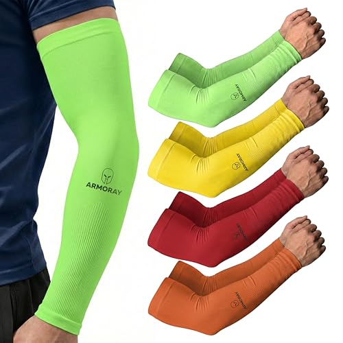 ARMORAY Arm Sleeves for Men and Women - UV Sun Protection Cooling Compression - Tattoo Cover Up Sleeve for Daily Wear & Work - color: Green Hi Vis + Yellow Hi Vis + Red Hi Vis + Orange Hi Vis (4 Pairs)