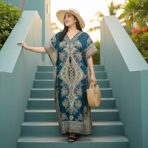 Women's Kaftan Dress – Loose Fit Maxi Gown – Kimono Style Beach Cover Up – Elegant Resort Wear and Nightwear - color: Teal Blue