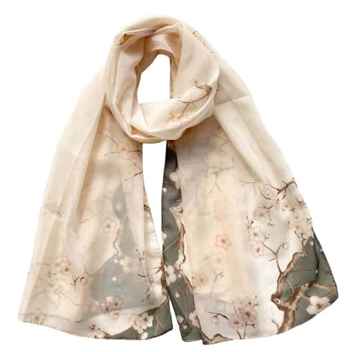 Xyueanlo Women's Chiffon Scarf Lightweight Scarves Fashion Elegant Floral Print Scarfs Shawls - color: Little Plum Blossom Grey Pink