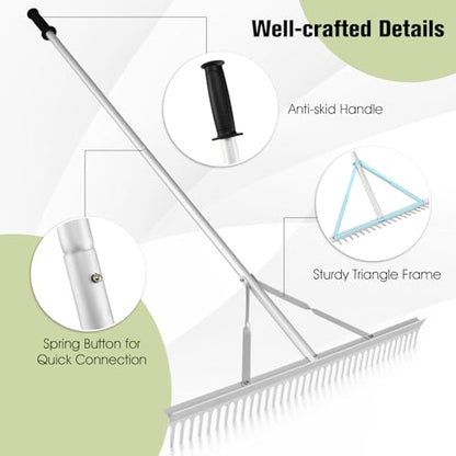 Goplus Landscape Rake 36 Inch, Aluminum Sand Rake w/36 Tines and 68" Long Non-Slip Handle, Beach Rake, Yard Rake Tool for Loosening & Leveling Soil, Garden Lawn Care, Collecting Leaves