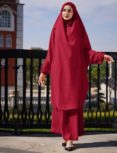 Abayas for Women Muslim Chiffon Prayer Burqa Dress Burkas for Women Muslim Hijab Dress Full Length Islamic Veil Abaya Set - color: Burgundy