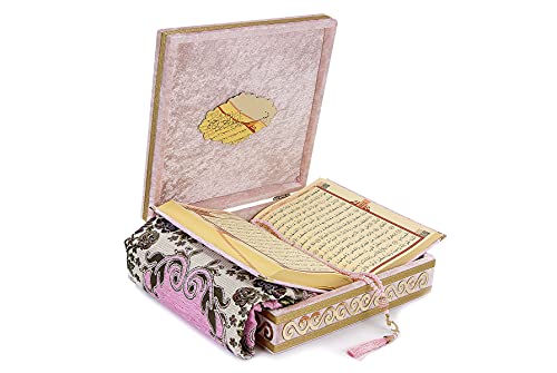 ihvan online Luxury Islamic Prayer Velvet Covered Gift Box, Deluxe 4 Piece Set with Elegant Velvet Covered Quran & Prayer Beads Tesbih & Prayer Rug, Ramadan & Eid Gift, Pink - color: Pink