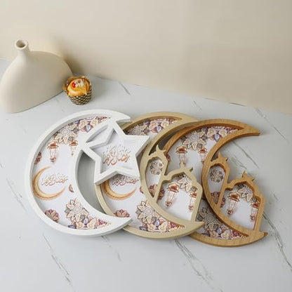 Eid Mubarak Tray, Wooden Star Moon Shaped Ramadan Tray, Decorative Serving Plate for Islamic Celebrations, Ramadan Serving Tray for Party