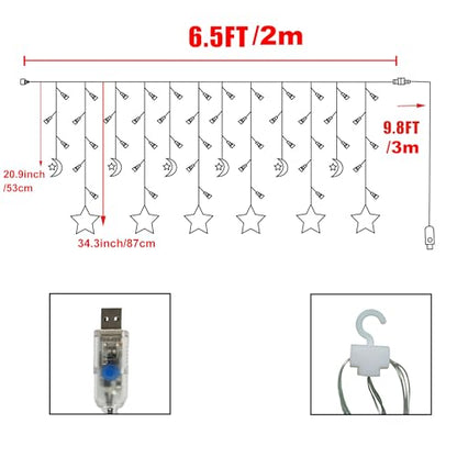 LED Moon Star Curtain String Lights, 138 LED USB Powered Fairy Hanging Lights with 8 Lighting Modes 6-Hour Timer Waterproof for Bedroom Wall Window Christmas Decoration (Star) - style: Star