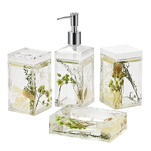 4 Piece Acrylic Liquid 4D Floating Motion Bathroom Vanity Accessory Set Garden Botanic Green Plants Toothbrush Holder, Tumbler, Soap Dispenser, Soap Dish - size: 4-piece, style: Green Plants
