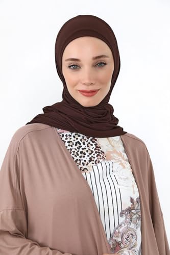 Aisha's Design Neck-Covering Practical Jersey Hijab with Built-In Ninja Bonnet - color: Brown
