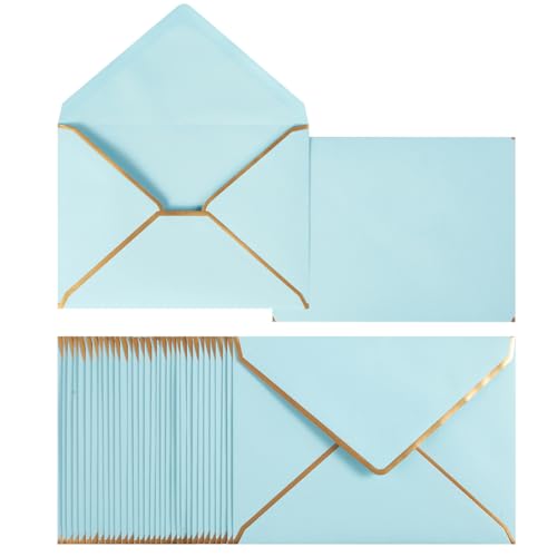 50 Pack A7 Envelopes Light Blue 5 x 7 with Gold Border | Self-Adhesive, V Flap, For Wedding, Graduation, Baby Shower, Parties, Invitations - color: Light Blue, size: A7 (5.32x7.28)