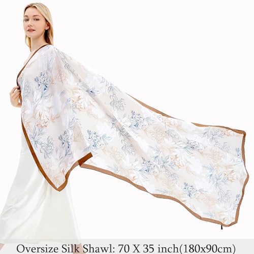 Women Silk Scarves Long Satin Lightweight Outdoor Shawl Wraps Printed Head Scarf 70''X35'' - color: 111-white/Yellow