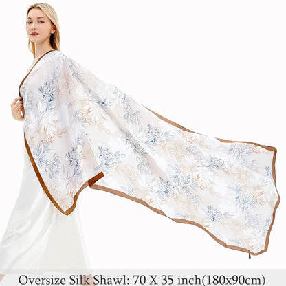 Women Silk Scarves Long Satin Lightweight Outdoor Shawl Wraps Printed Head Scarf 70''X35'' - color: 111-white/Yellow