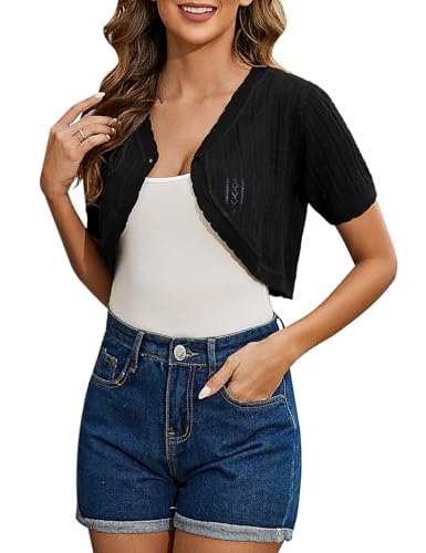 Totatuit Women's Short Sleeve Cropped Cardigan Open Front Bolero Shrugs for Dresses Crochet Button Down Sweaters - color: Black, size: Small