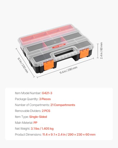VEVOR 3-Pack Small Parts Organizer, 21 Compartments Tools Organizer Box with Removable Dividers, PP Hardware Storage Box with Safety Latch & Portable Handle for Nuts, Bolts, Screws, Nails