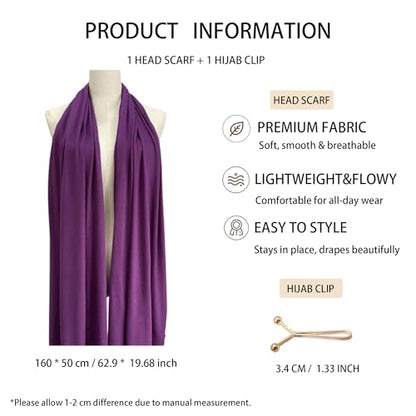 Jersey Hijab Scarf for Women,Lightweight Muslim Turban Head Scarf Modal Feel Hijab Coverings for Prayer with Clip - color: Purple