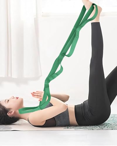 10 Loop Yoga Stretching Strap for Physical Therapy - Non-Elastic Exercise Band for Pilates, Yoga, Stretching for Women & Men - color: Green