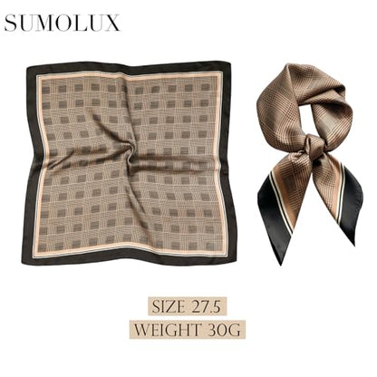 Sumolux Head Hair Scarf for Women Like Satin Silk Scarf Bandana Hair Wrapping Night Large Square Scarves 27.5" - color: Coffee Plaid Stripes
