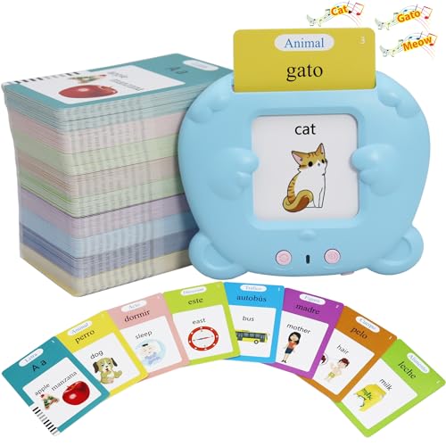 Spanish & English 510 Words Alphabet Bilingual Talking Flash Cards for 3-8 Years Toddlers, Pocket Speech Buddy Therapy Autism Toys, Educational Learning Interactive Toy for Boys Girls Kids Gifts Blue - size: 510 Words Spanish and English (Blue)