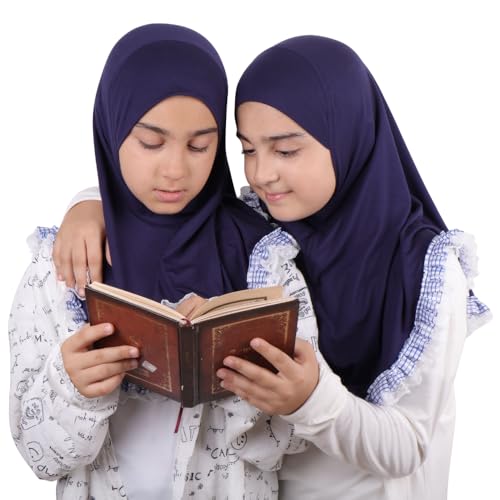 MuLanLegend Cotton Lace Hijab | Princess Nur | Girls Kids Instant Slip-on Scarf Sarong | Ligthweight and Comfortable - color: Navy Blue