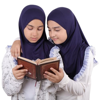 MuLanLegend Cotton Lace Hijab | Princess Nur | Girls Kids Instant Slip-on Scarf Sarong | Ligthweight and Comfortable - color: Navy Blue