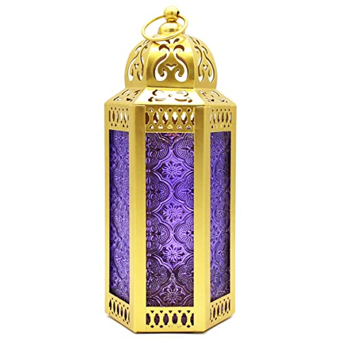 CVHOMEDECO. Decorative Candle Lantern Moroccan Lanterns Vintage Golden Metal Lantern Holder for Home Patio Outdoor Decor. Purple Glass, Medium - color: Purple G