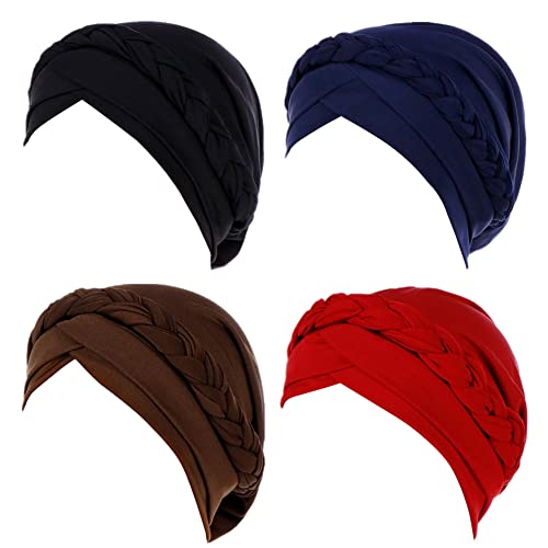 Fxhixiy Silky Braid Turban Cap for Women Cancer Chemo Beanie Hijab Headwear - color: Black Navy Coffee Red