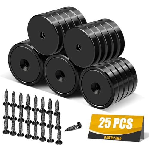 E BAVITE Strong Neodymium Magnets with Screws Black, 25 Pack | 60 Lbs Rare Earth Magnets with Heavy Duty, Cup Magnet with Countersunk Hole and Stainless Screws for Kitchen, Craft, Office - color: Black, size: 25mm-25P