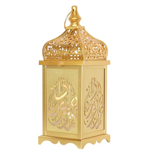 NEEDOMO Ramadan Decorations,14" LED Ramadan Lantern, Ramadan Decorations for Home, Vintage Gold Metal Candle Lantern with Lights, Remadan Decor for Table, Wall, Indoor Outdoor - color: Set of 1