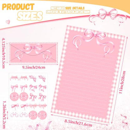 TaoBary 160 Pcs Stationery Paper Set 50 Double Sided Stationery Papers with 50 Matching Envelopes and 60 Round Dot Sticker, 10 Design(Pink Bow,8.5 x 11 Inch) - size: 8.5 x 11 Inch, style: Pink Bow