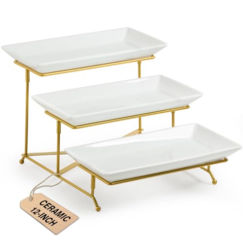 LAUCHUH 3 Tier Serving Tray, Porcelain Serving Platter Tier Serving Stand - color: Gold, size: 12 Inch