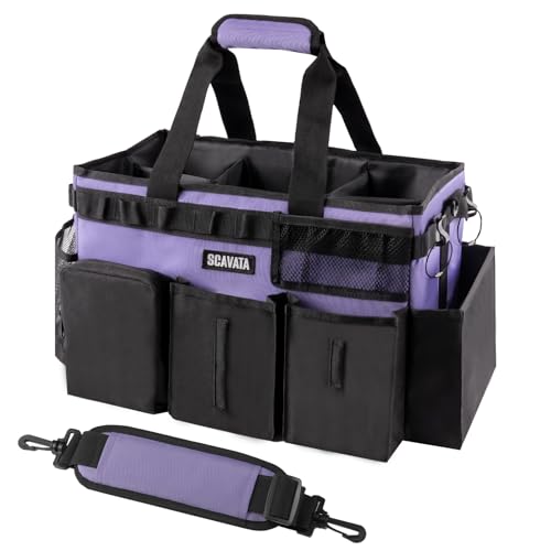 SCAVATA Wearable Cleaning Caddy Bag, Cleaning Caddy Supplies Organizer with Handle & Shoulder Straps for Housekeepers, Under Sink & Car Cleaning Tool Organizers with 4 Foldable Divider (Purple) - color: Purple